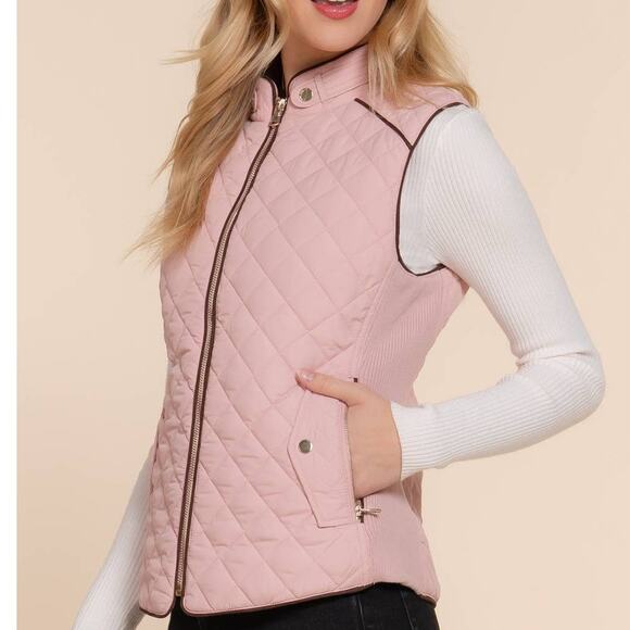 Suede Piping Detail Knit Rib Sides Quilted Padding Vest Blush Pink - Picture 3 of 7
